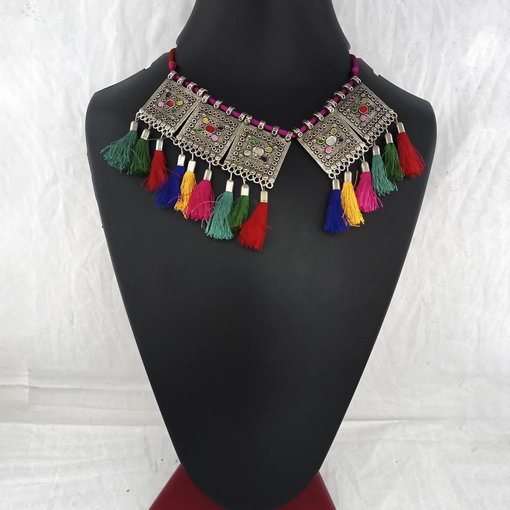 Jeweljunk Oxidised Plated Multi Meenakari And Thread Necklace - 1115670A