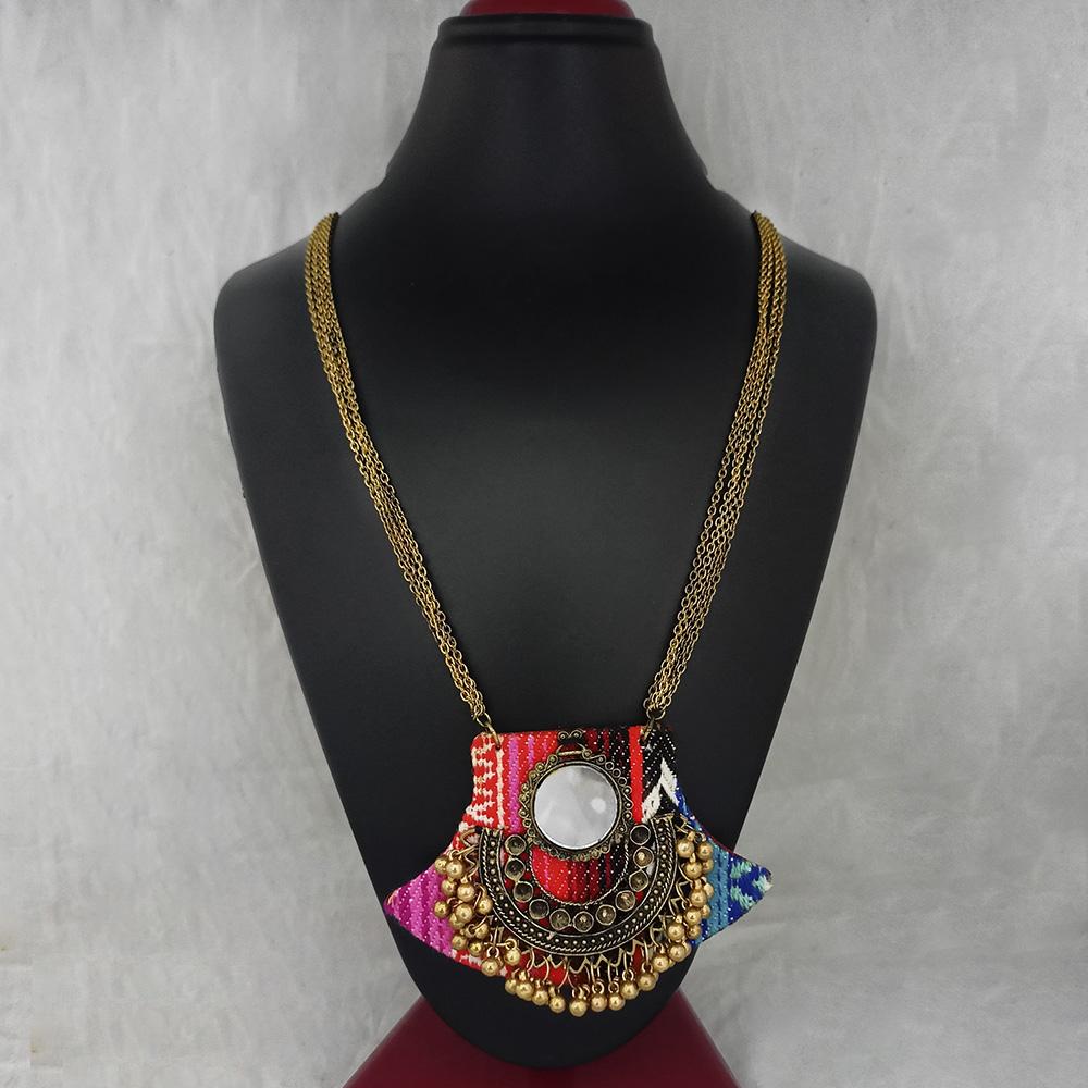 Jeweljunk Antique Plated Mirror And Fabric Fashion Necklace - 1115675A