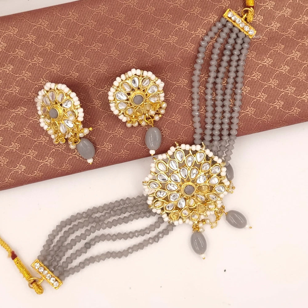 FS Collection Gold Plated Kundan Stone & Beads Choker Necklace Set