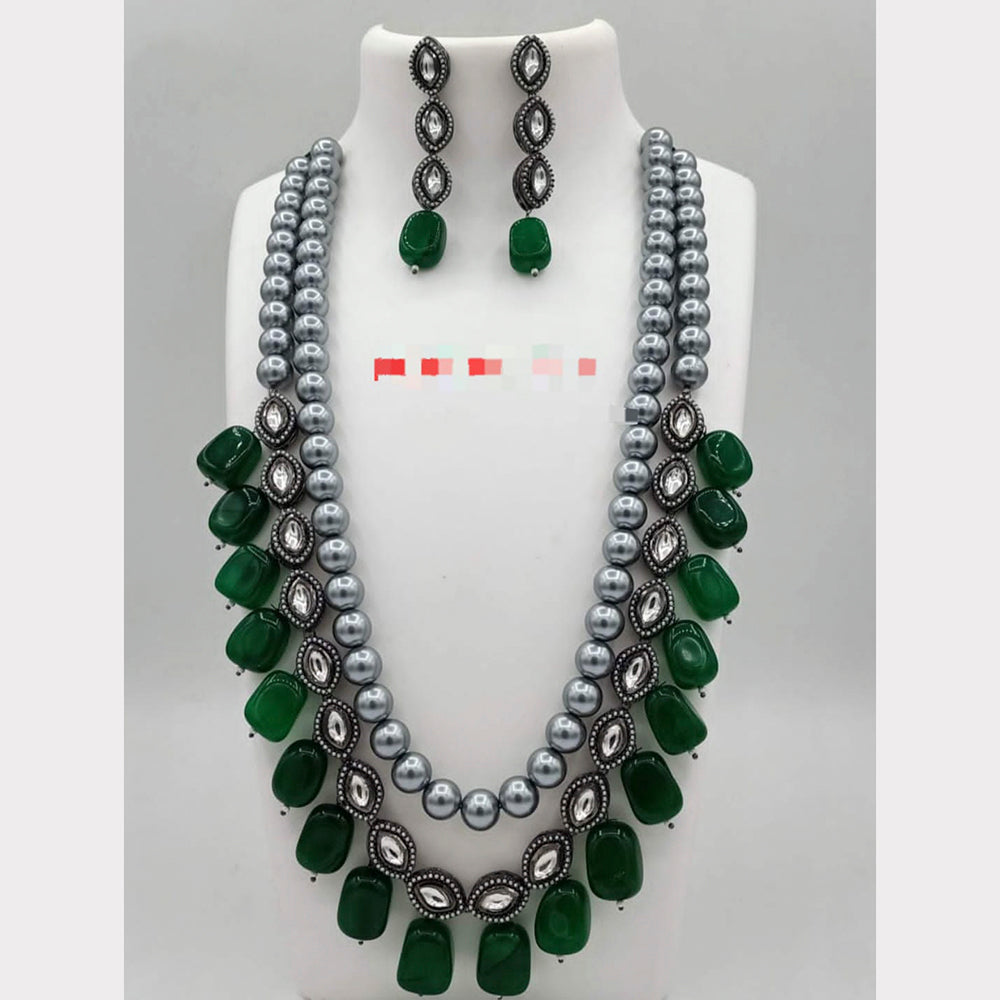 FS Collection Silver Plated Kundan Stone & Beads Long Necklace