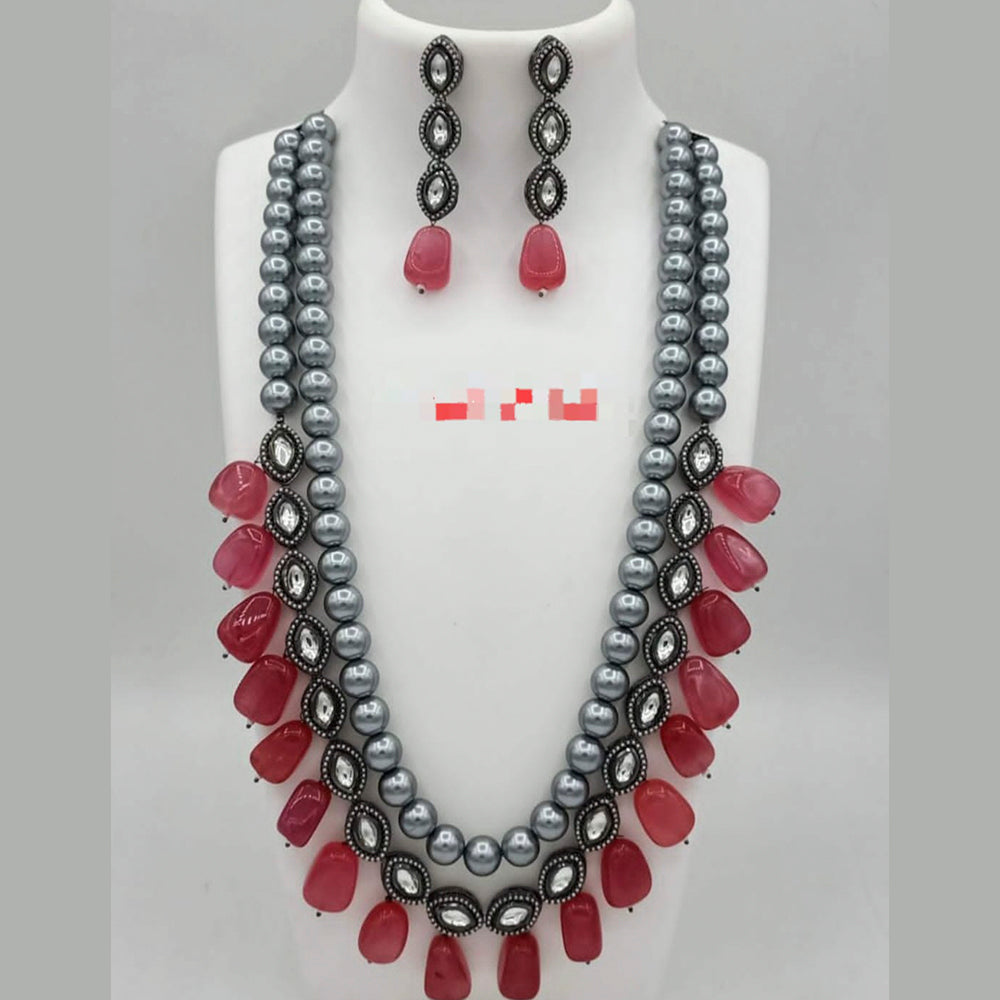 FS Collection Silver Plated Kundan Stone & Beads Long Necklace
