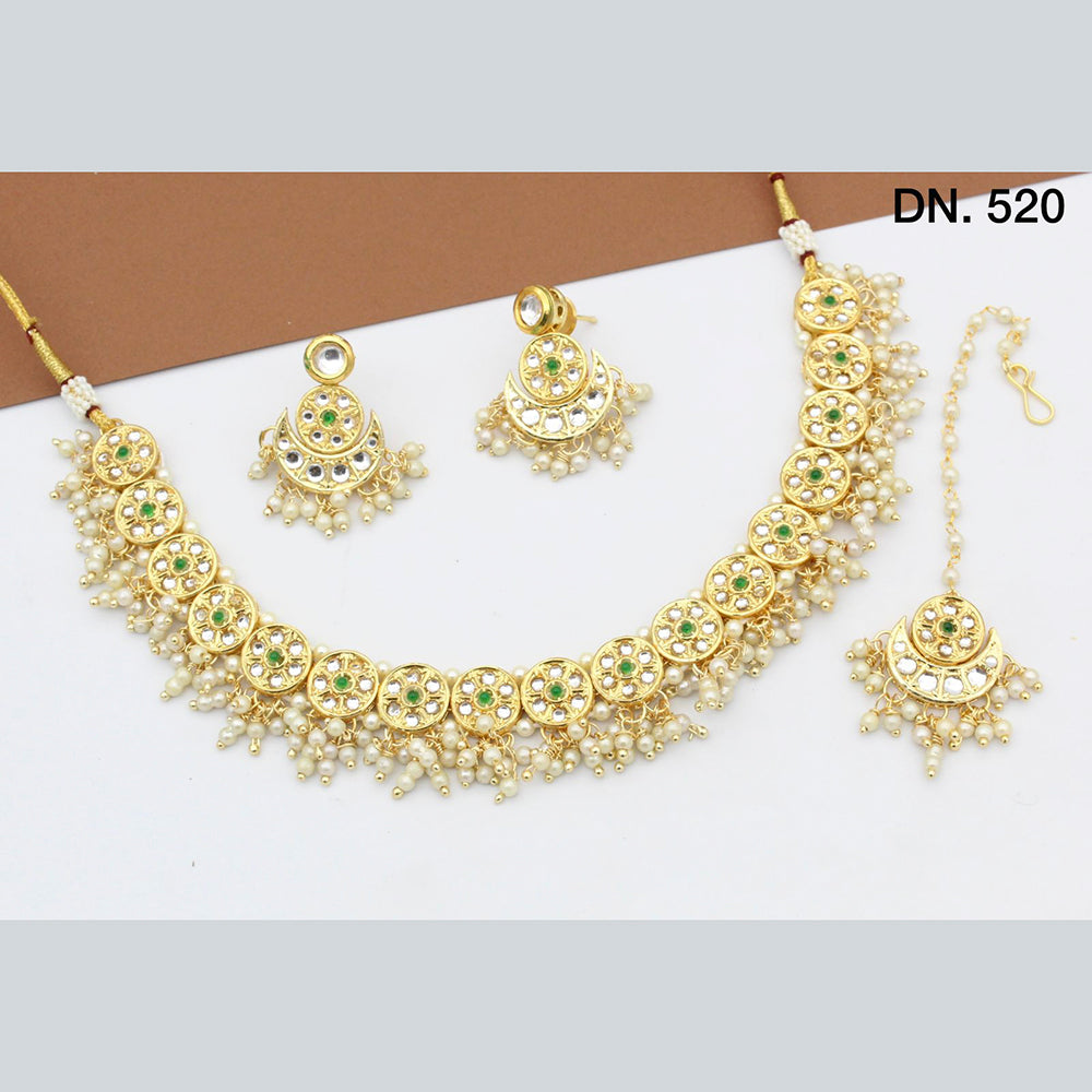 FS Collection Gold Plated Kundan Stone & Pearl Choker Necklace Set With Mangtikka