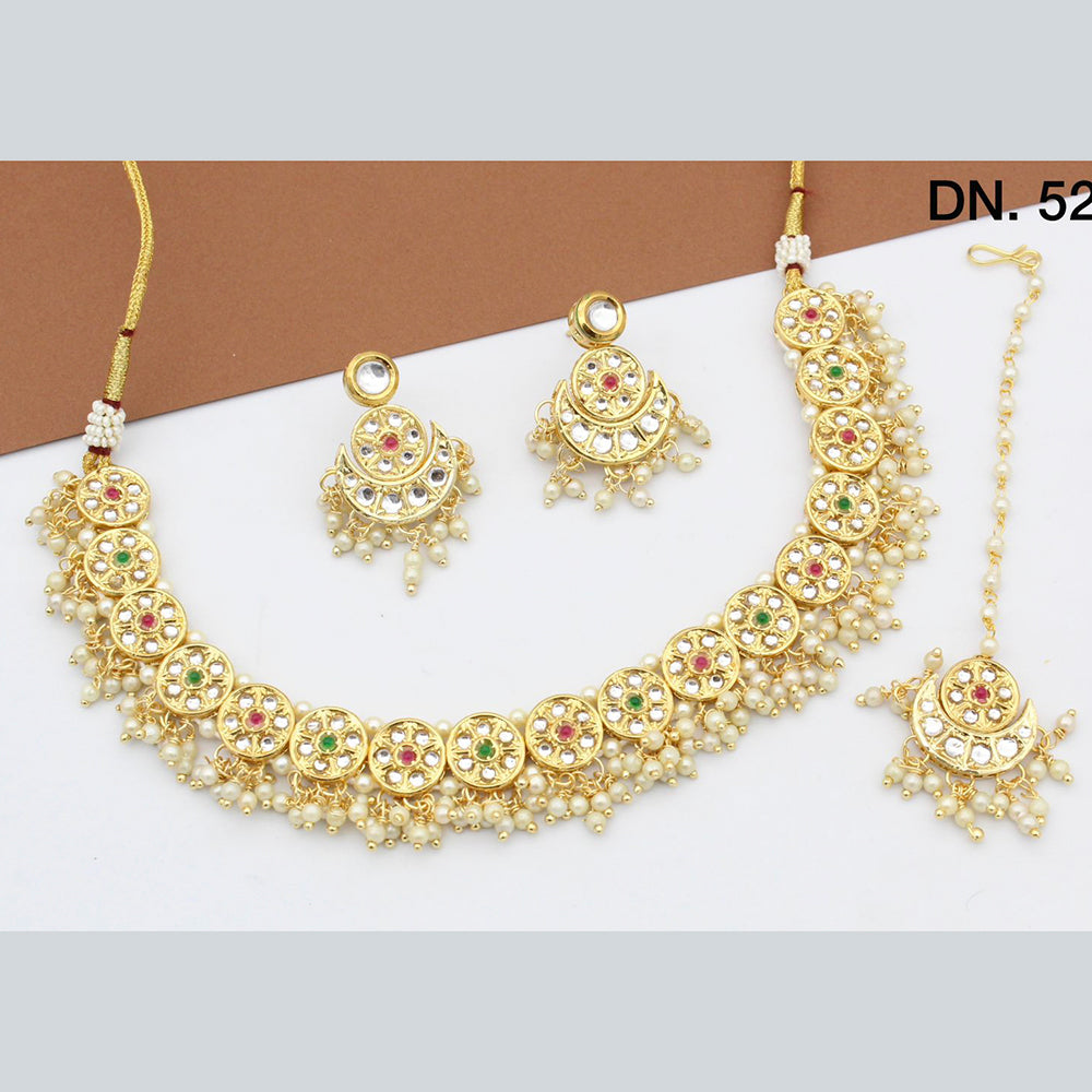 FS Collection Gold Plated Kundan Stone & Pearl Choker Necklace Set With Mangtikka