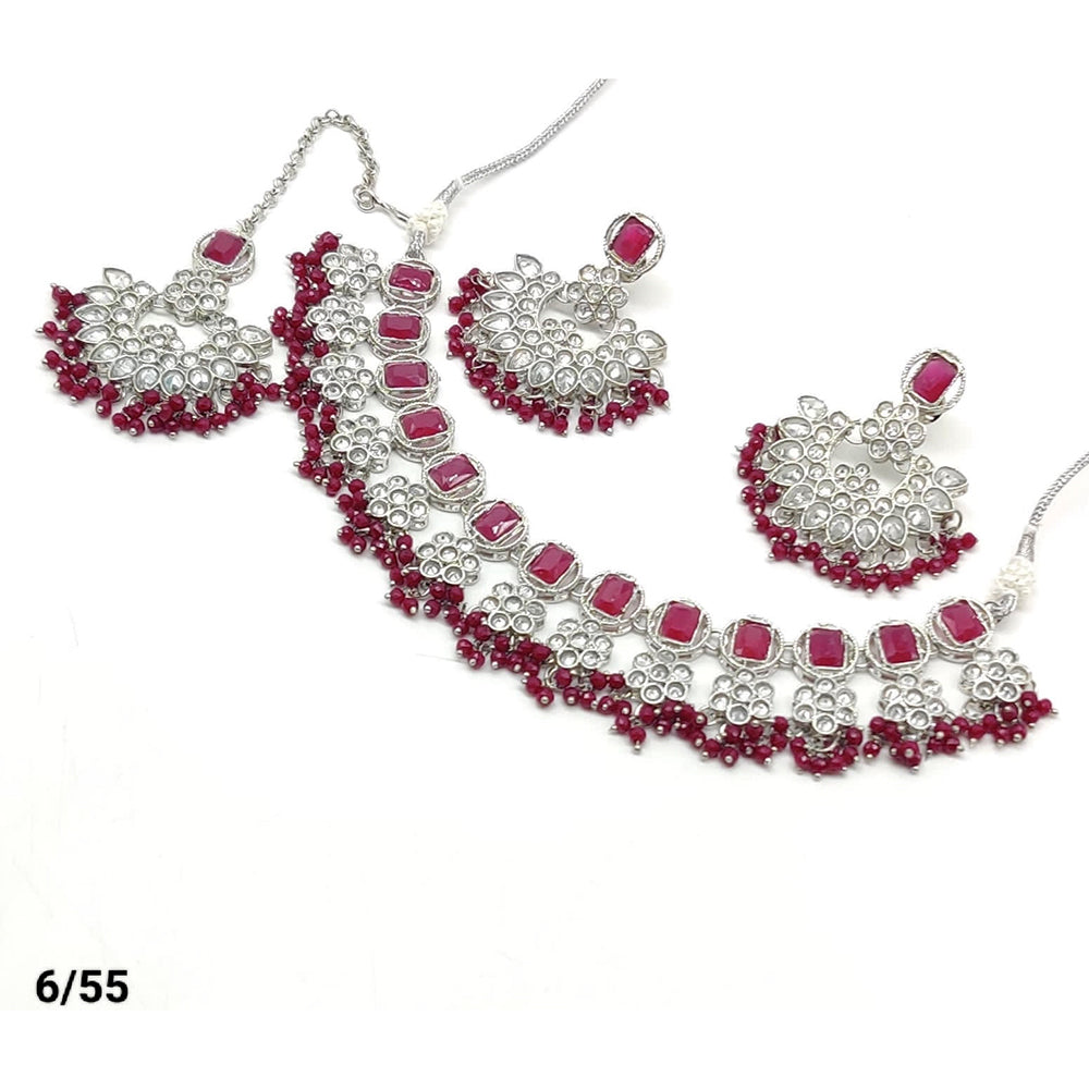 FS Collection Silver Plated Kundan & Crystal Stone Choker Necklace Set