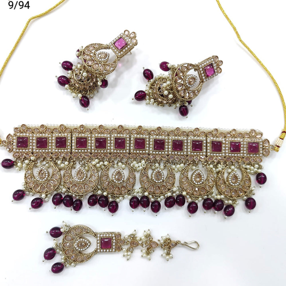 FS Collection Gold Plated Crystal Stone & Beads Choker Necklace Set