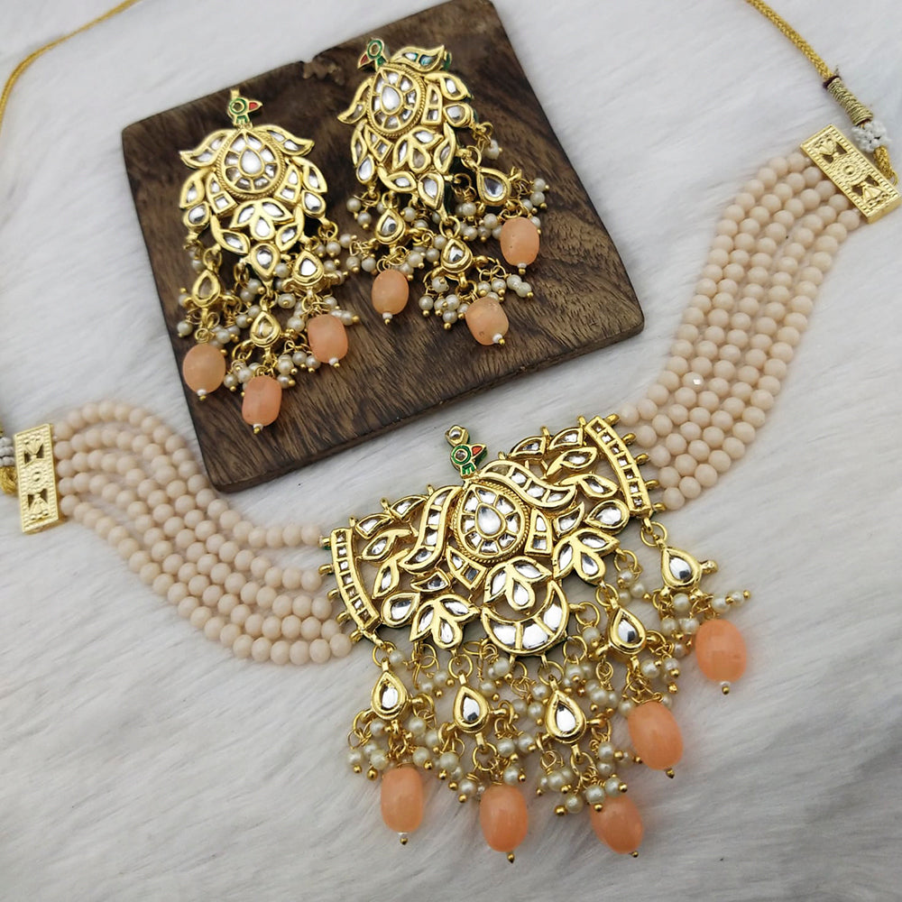 FS Collection Gold Plated Kundan Stone & Beads Choker Necklace Set