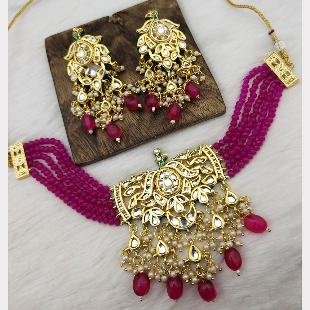 FS Collection Gold Plated Kundan Stone & Beads Choker Necklace Set