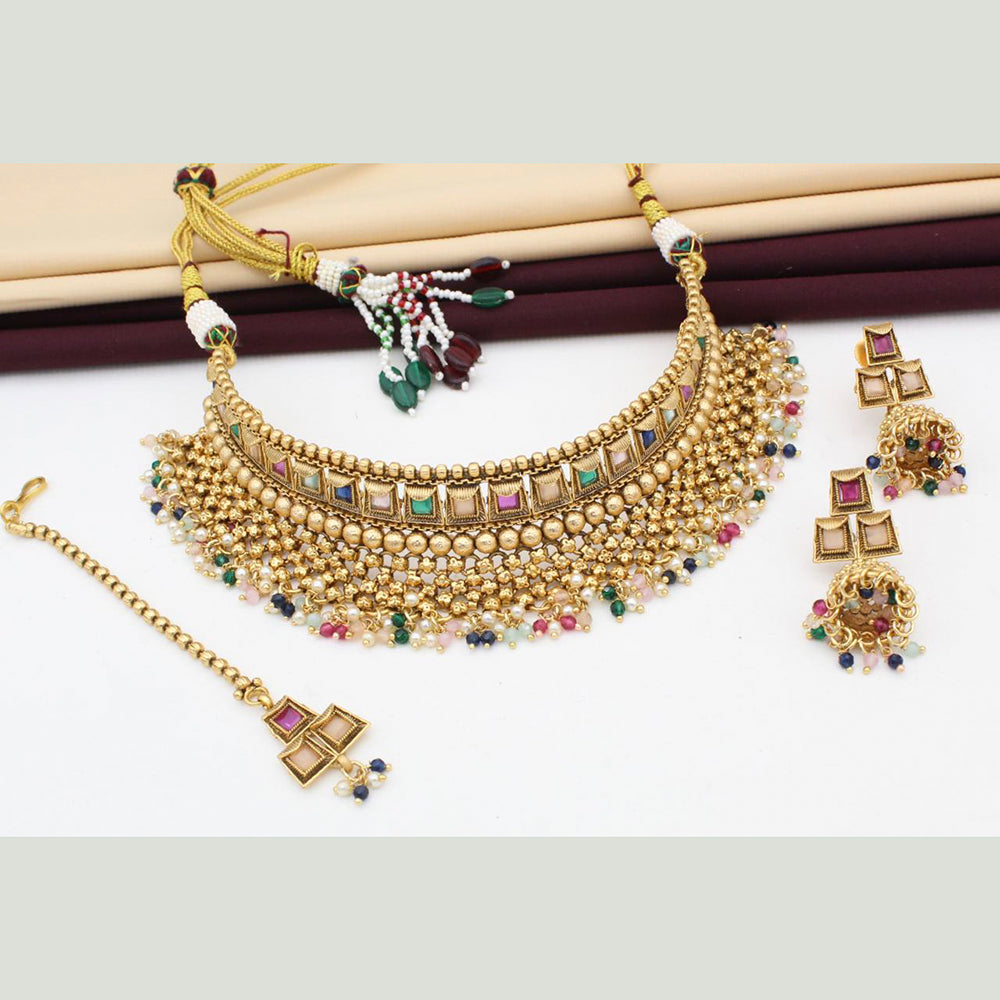 FS Collection Gold Plated Kundan Stone & Beads Choker Necklace Set
