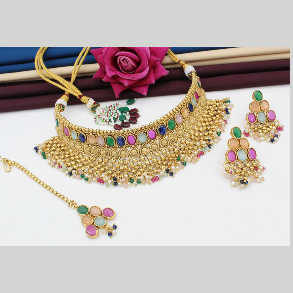 FS Collection Gold Plated Pota Stone Choker Necklace Set With Mangtikka