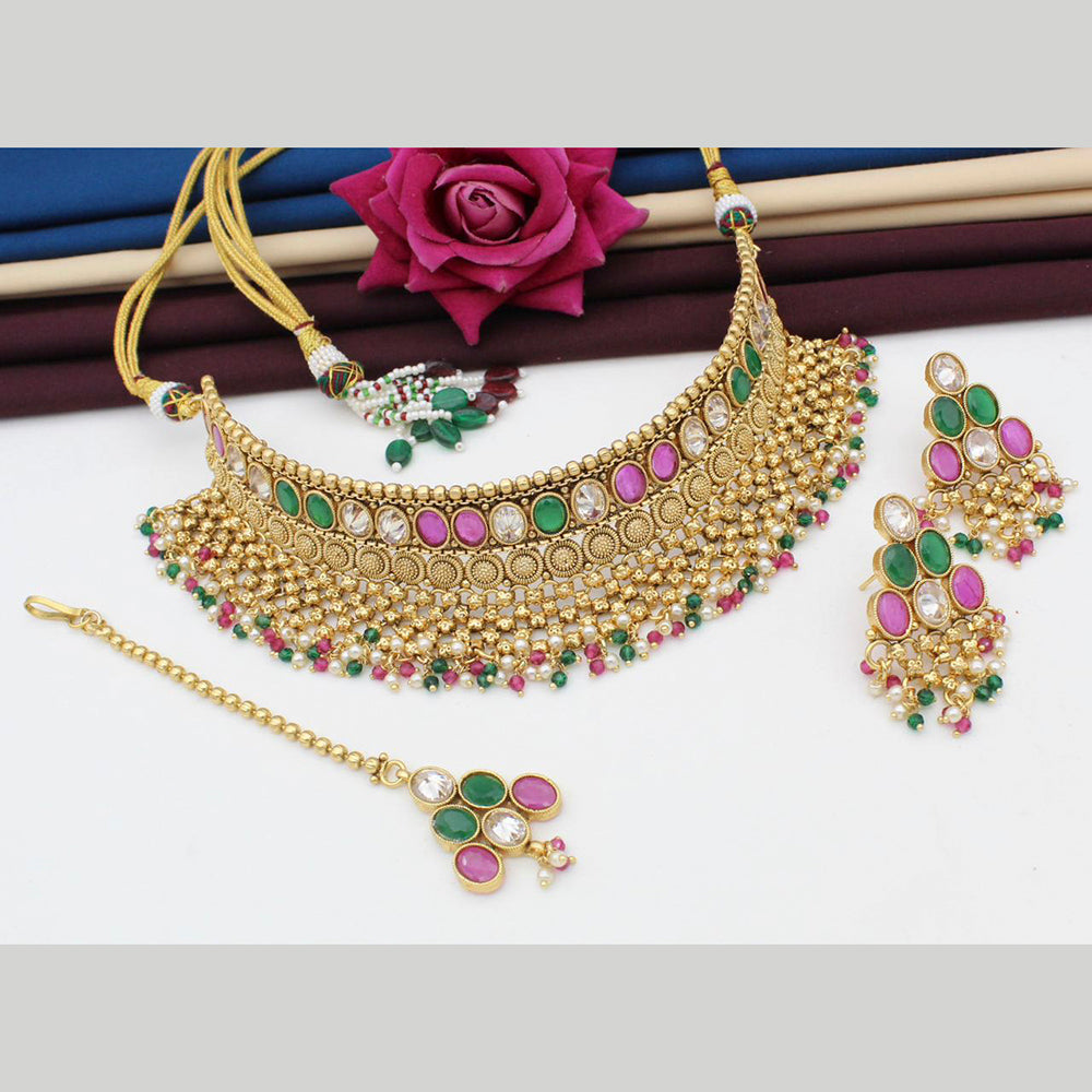 FS Collection Gold Plated Pota Stone Choker Necklace Set With Mangtikka