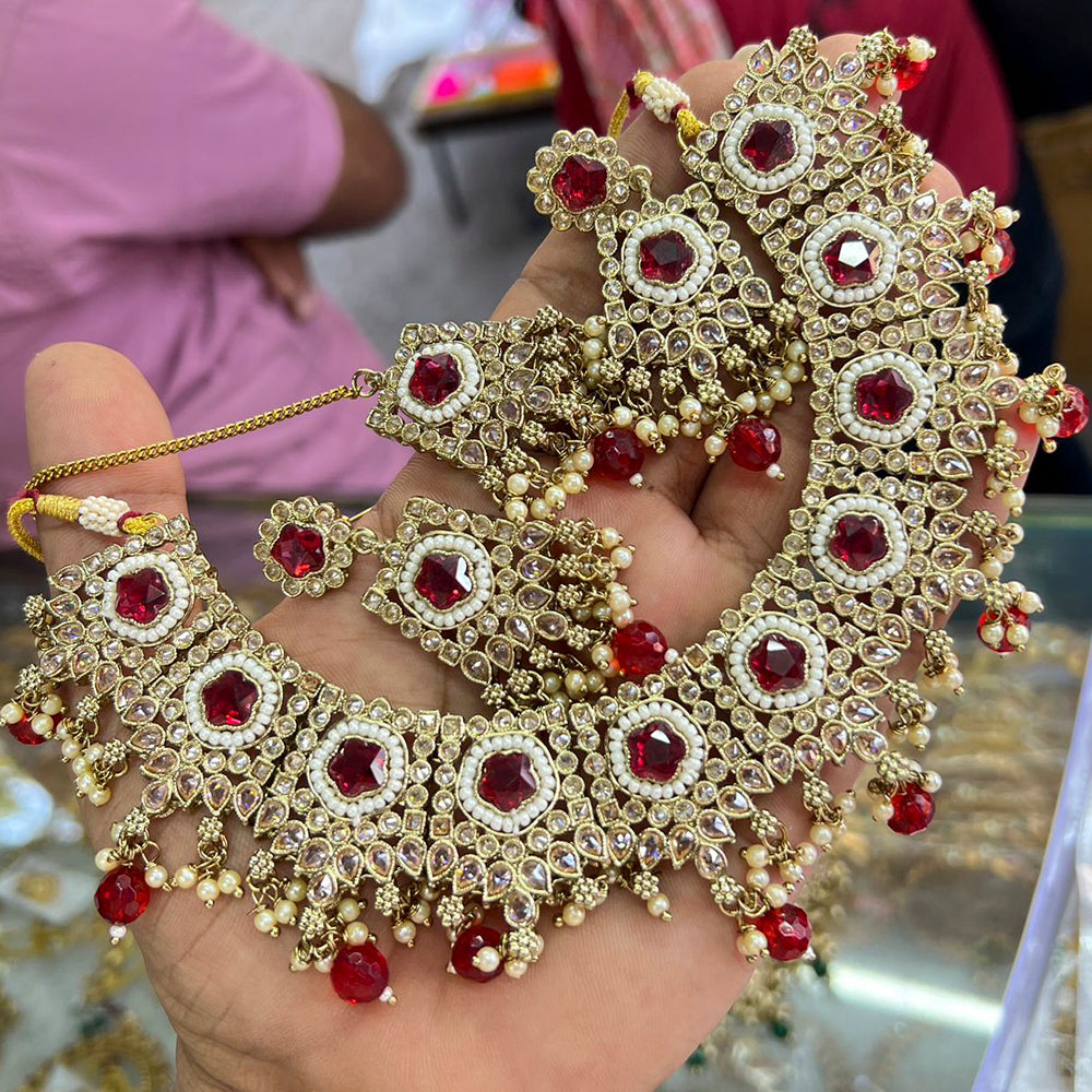 FS Collection Gold Plated Crystal Stone Choker Necklace Set With Mangtikka