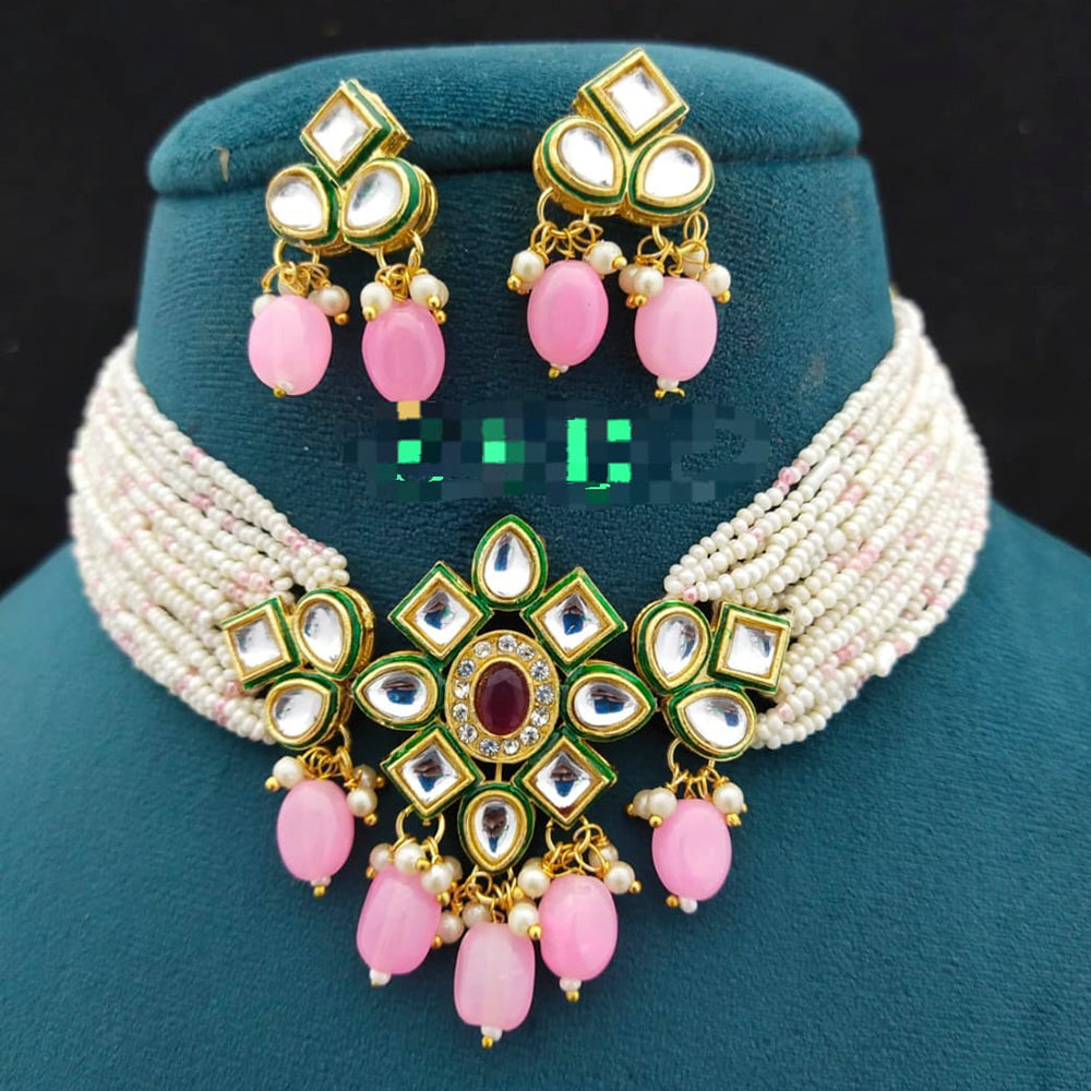 FS Collection Gold Plated Kundan Stone & Beads Choker Necklace Set