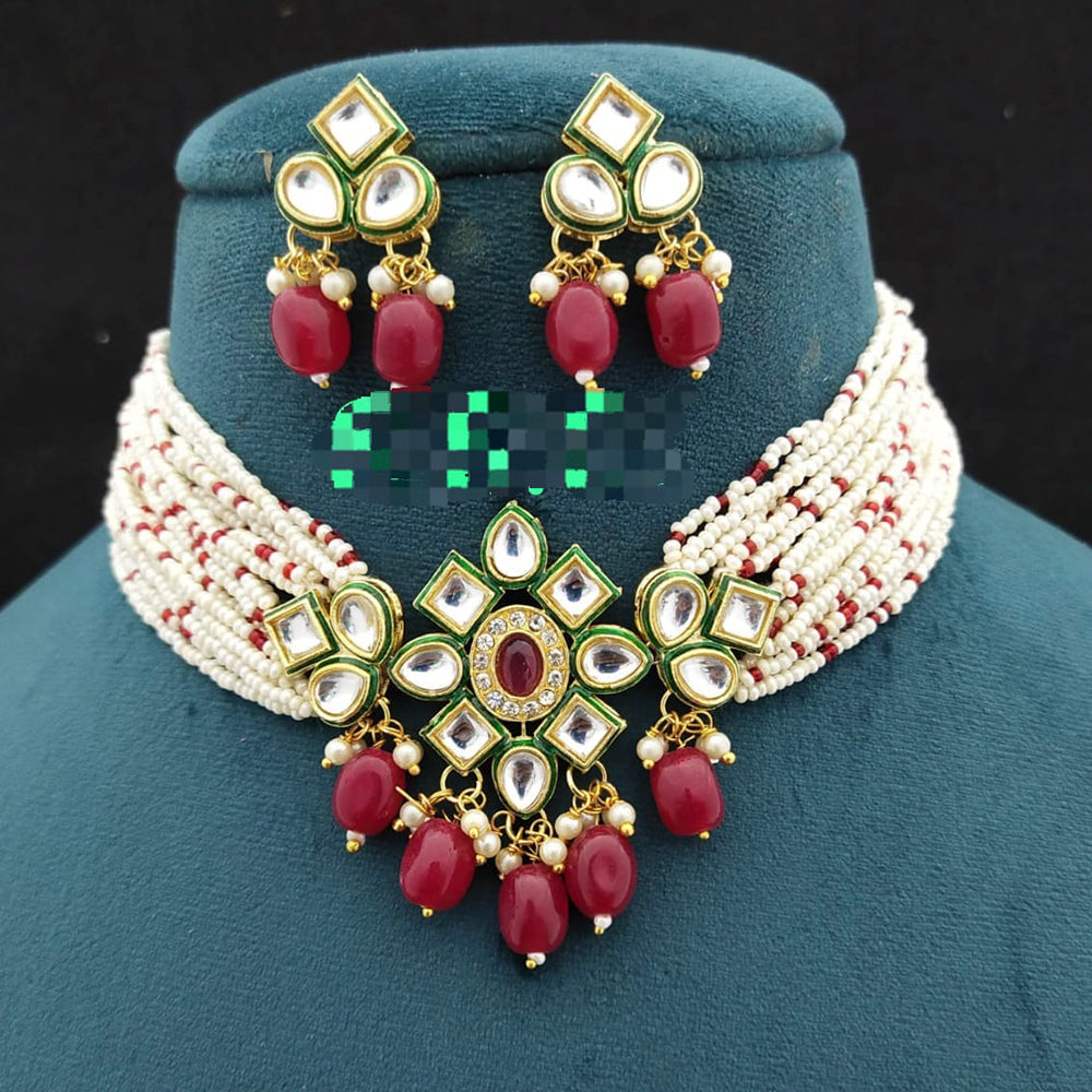 FS Collection Gold Plated Kundan Stone & Beads Choker Necklace Set