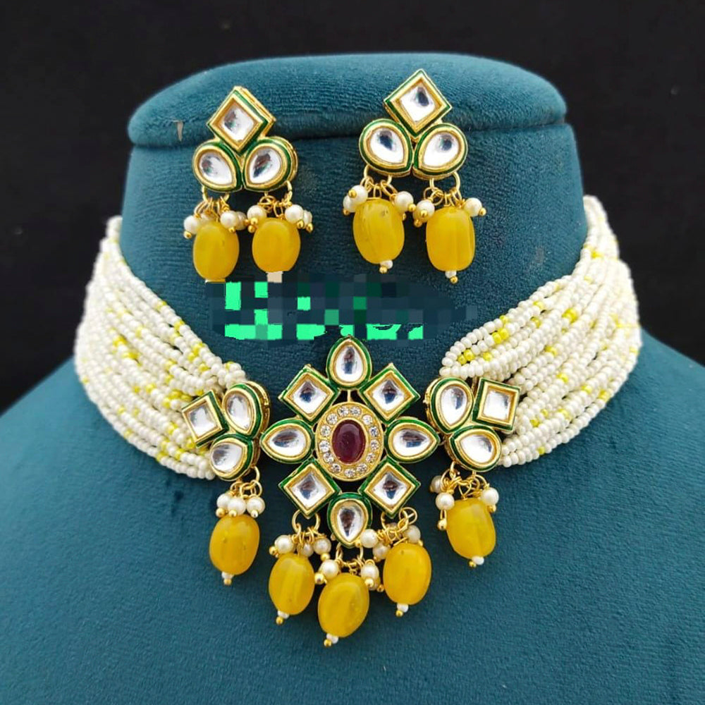 FS Collection Gold Plated Kundan Stone & Beads Choker Necklace Set