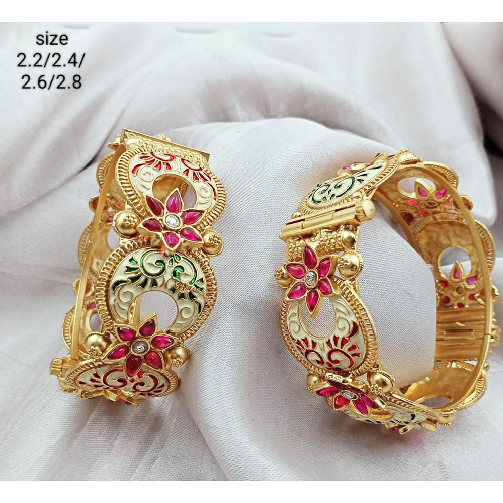 FS Collection Gold Plated Pota Stone & Meenakari Openable Bangles Set