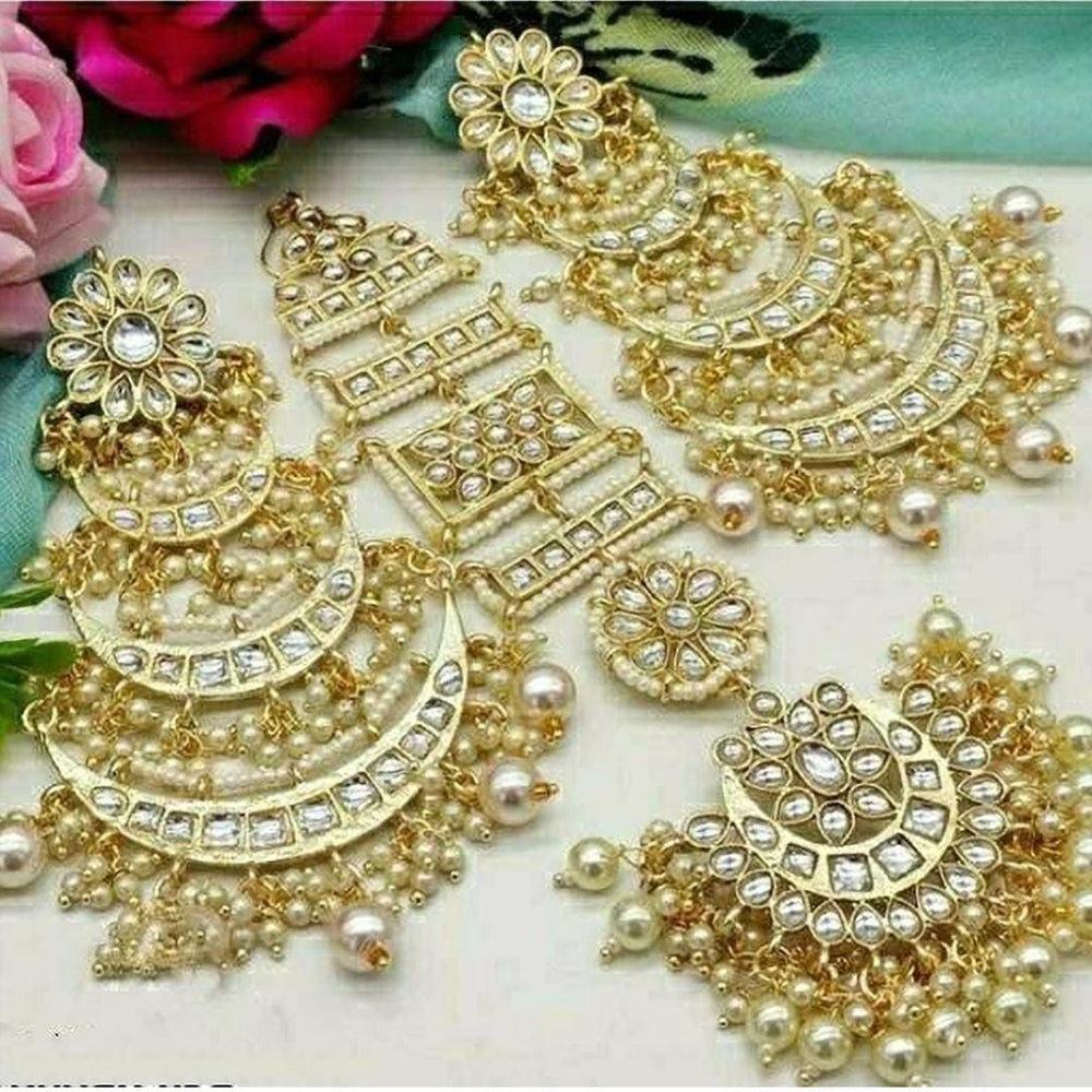 FS Collection Gold Plated Dangler Earrings & Maangtikka Set
