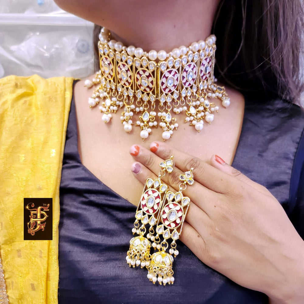 FS Collection Gold Plated Kundan Stone Choker Necklace Set