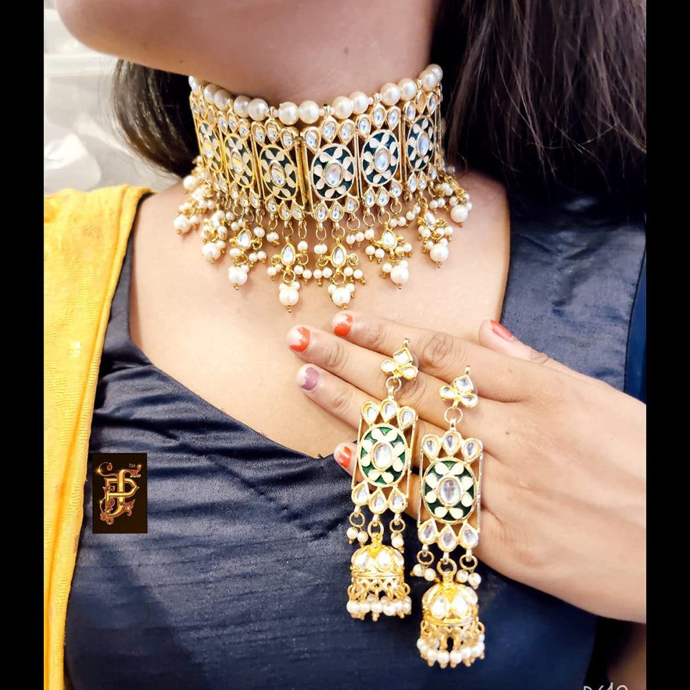 FS Collection Gold Plated Kundan Stone Choker Necklace Set