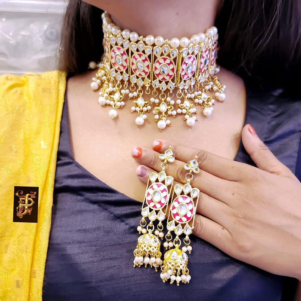 FS Collection Gold Plated Kundan Stone Choker Necklace Set