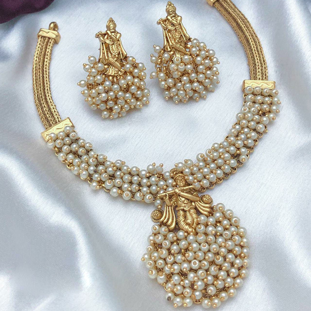 FS Collection Gold Plated Temple And Pearl Choker Necklace Set