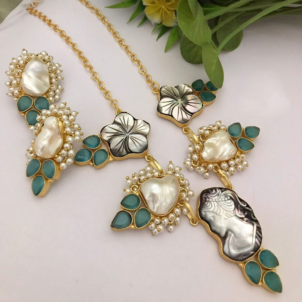 FS Collection Gold Plated Pota Stone Long Necklace Set
