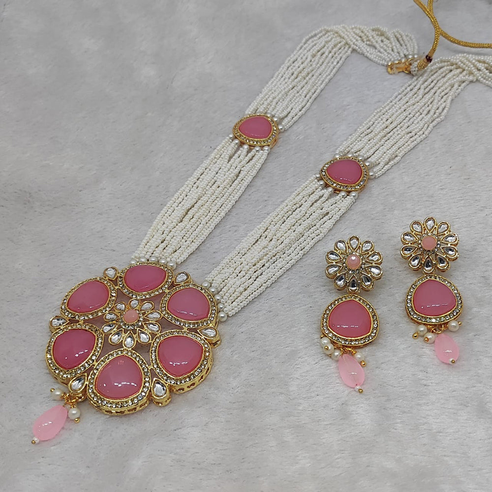 FS Collection Gold Plated Kundan And Pearl Long Necklace Set