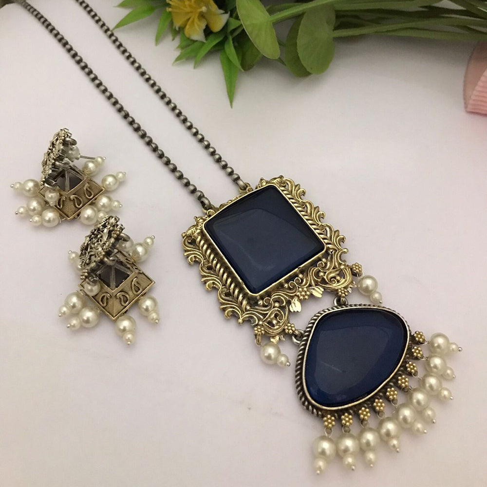 FS Collection Oxidised Plated Crystal Stone Long Necklace Set