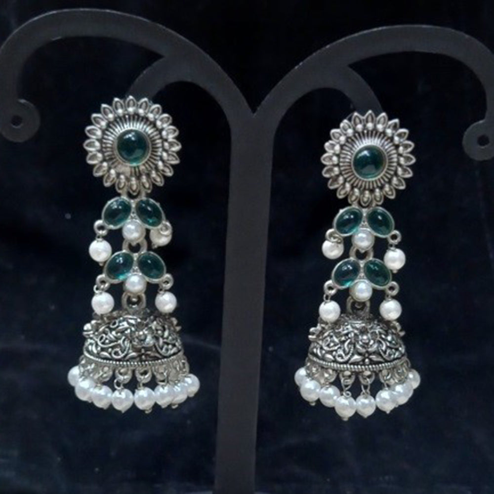 Infinity Jewels Oxidised Plated Pota Stone Jhumki Earrings