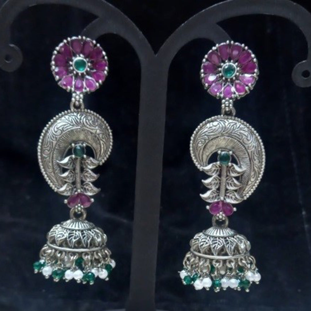 Infinity Jewels Oxidised Plated Pota Stone Jhumki Earrings