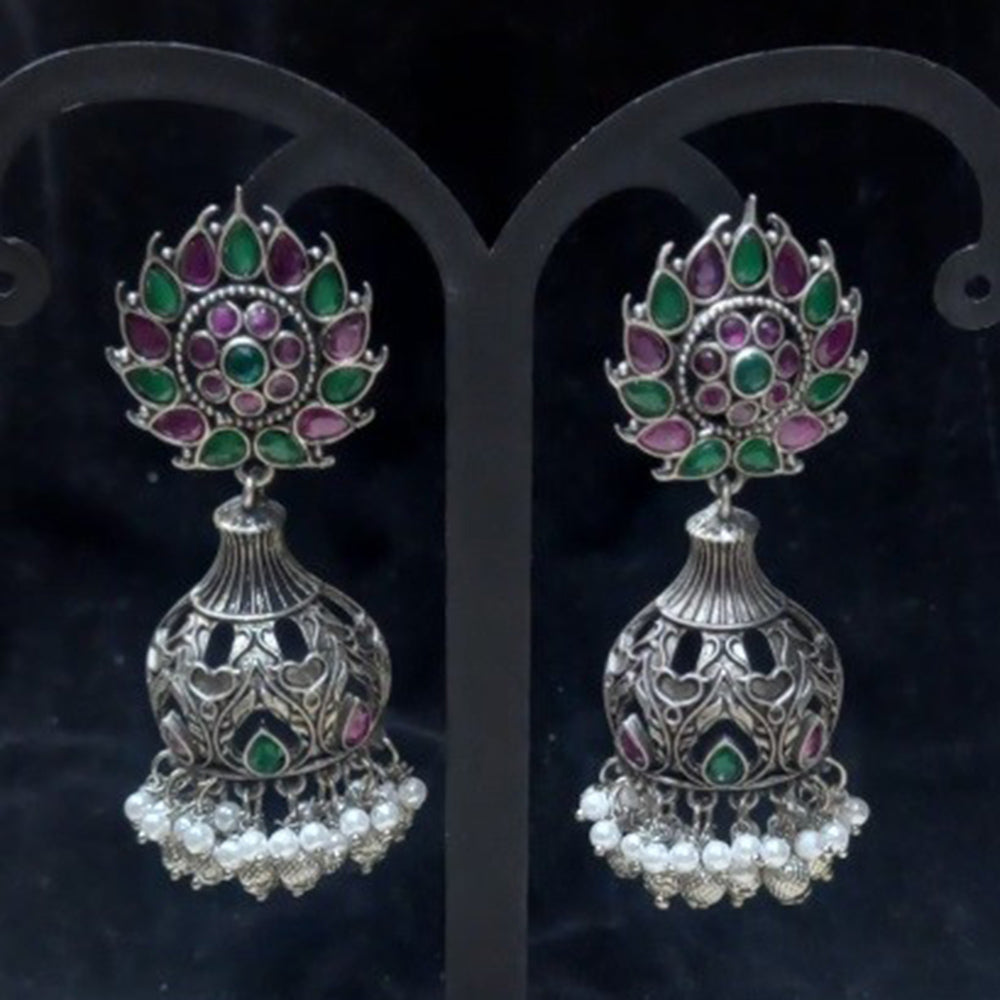 Infinity Jewels Oxidised Plated Pota Stone Jhumki Earrings