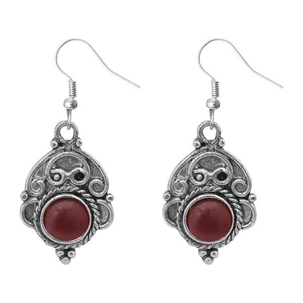Urthn Silver Plated Maroon Pota Stone Dangler Earrings - 1303537E