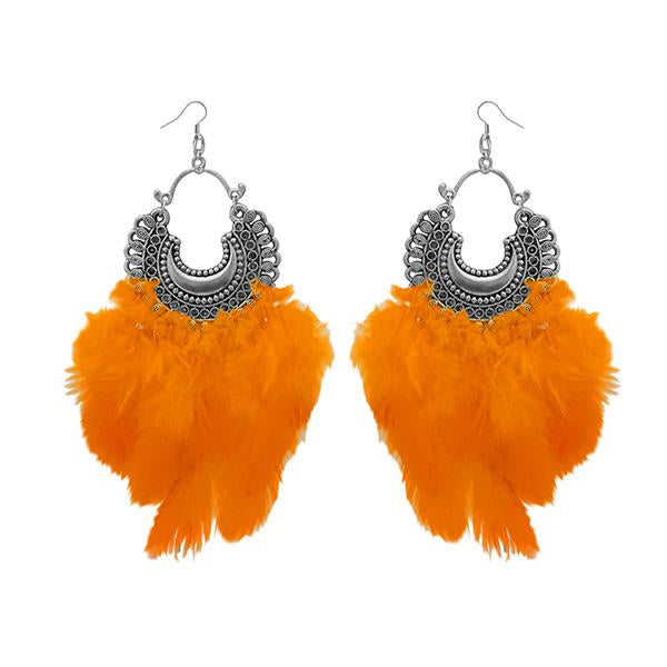 Jeweljunk Orange Feather Rhodium Plated Afghani Earrings - 1308355A