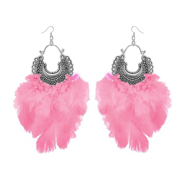Jeweljunk Pink Feather Rhodium Plated Afghani Earrings - 1308355E