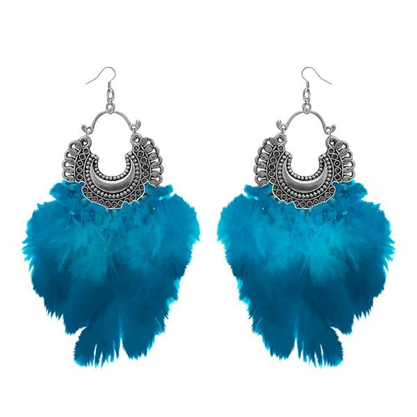 Jeweljunk Blue Feather Rhodium Plated Afghani Earrings - 1308355G
