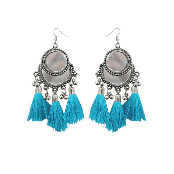 Jeweljunk Blue Thread Rhodium Plated Tassel Earrings - 1308364B