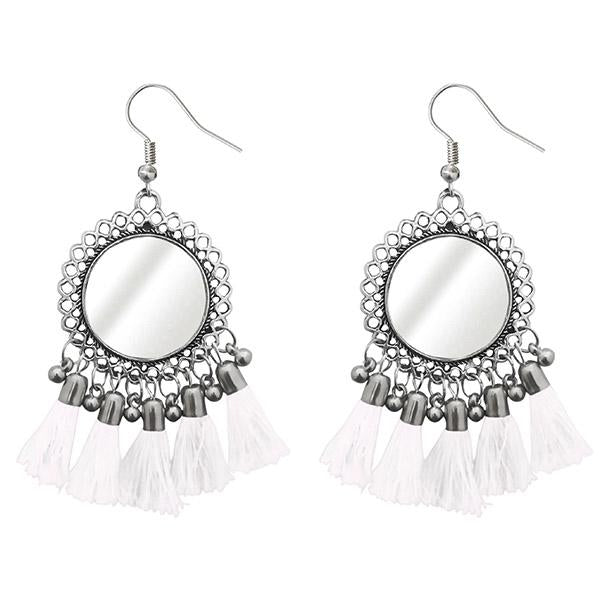Jeweljunk White Thread Rhodium Plated Tassel Earrings - 1308367A