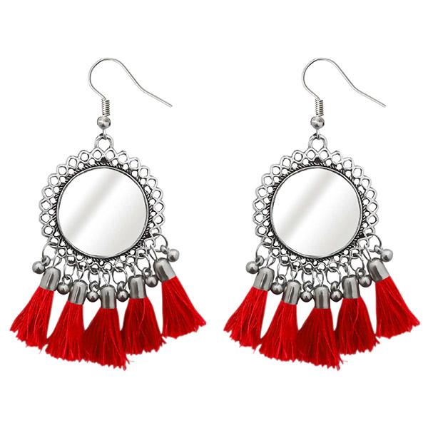 Jeweljunk Rhodium Plated Red Thread Tassel Earrings - 1308367E