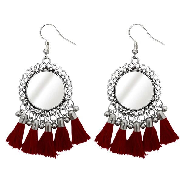 Jeweljunk Maroon Thread Rhodium Plated Tassel Earrings - 1308367H