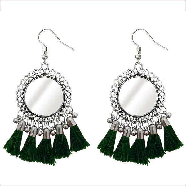 Jeweljunk Green Thread Rhodium Plated Tassel Earrings - 1308367K