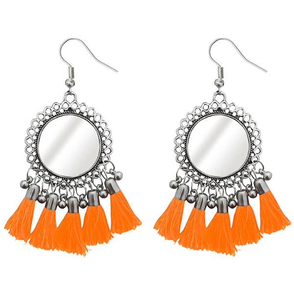 Jeweljunk Rhodium Plated Orange Thread Tassel Earrings - 1308367M