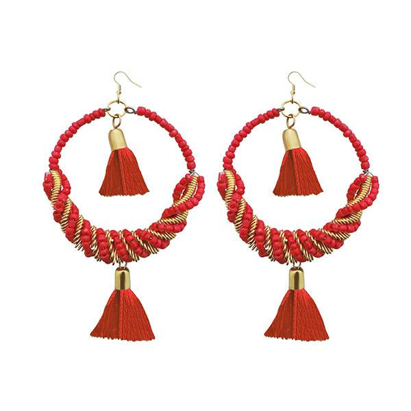 Jeweljunk Rhodium Plated Red Thread Beads Tassel Earrings - 1308369E