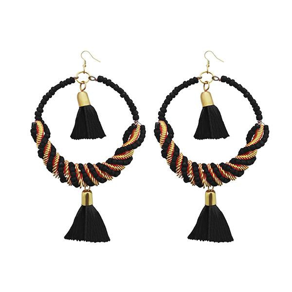 Jeweljunk Black Thread Beads Rhodium Plated Tassel Earrings - 1308369H