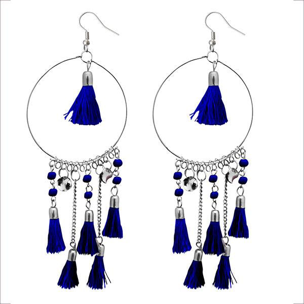 Jeweljunk Rhodium Plated Blue Thread Tassel Earrings - 1308372D