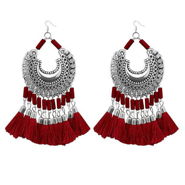 Jeweljunk Maroon Thread Afghani Tassel Earrings - 1308373F