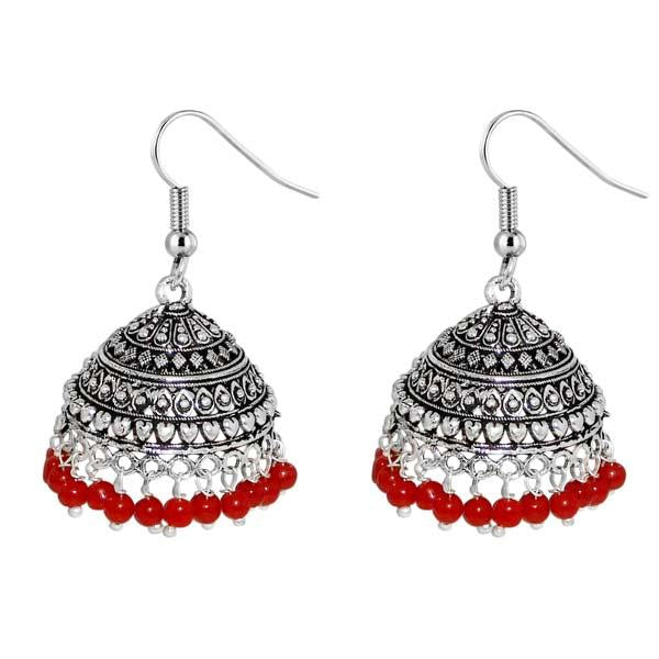 Jeweljunk Rhodium Plated Red Beads Jhumki Earrings - 1309007C