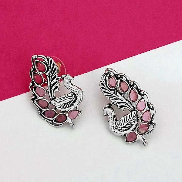 Jeweljunk Pink Kundan Peacock Design Oxidised Plated Stud Earrings