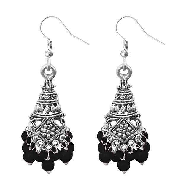 Jeweljunk Silver Plated Black Beads Jhumki Earrings - 1309372E