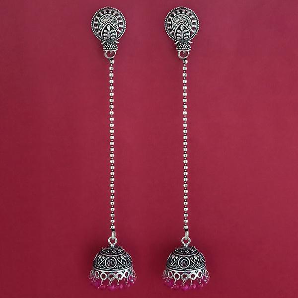 Jeweljunk Pink Beads Oxidised Plated Chain Jhumki Earrings - 1309374H