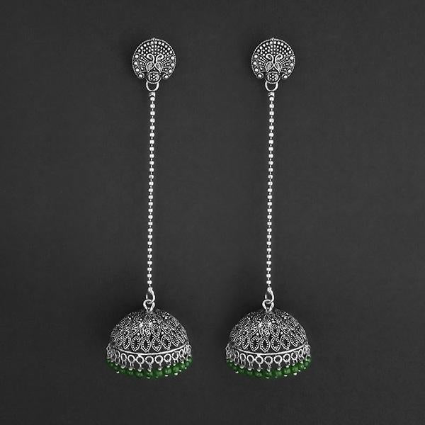 Jeweljunk Green Beads Hanging Jhumki Oxidised Earrings - 1309375E