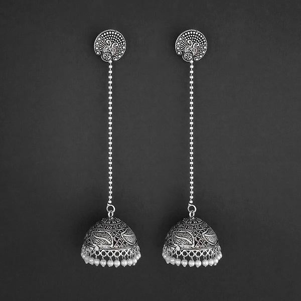Jeweljunk White Beads Hanging Jhumki Oxidised Earrings - 1309376A